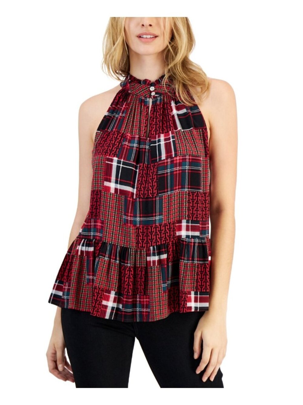 Tommy Hilfiger Womens Ruffled Split Neck Peplum Hem Top Red Multi Size S NWT